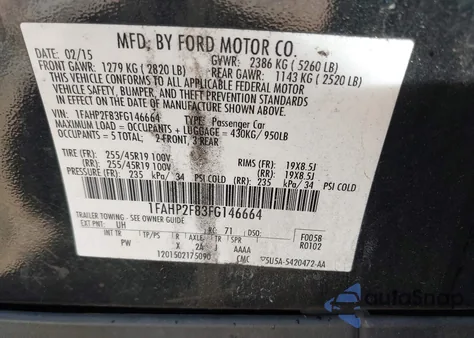 2015 Ford Taurus Limited z USA, uszkodzony, nr VIN 1FAHP2F83FG146664